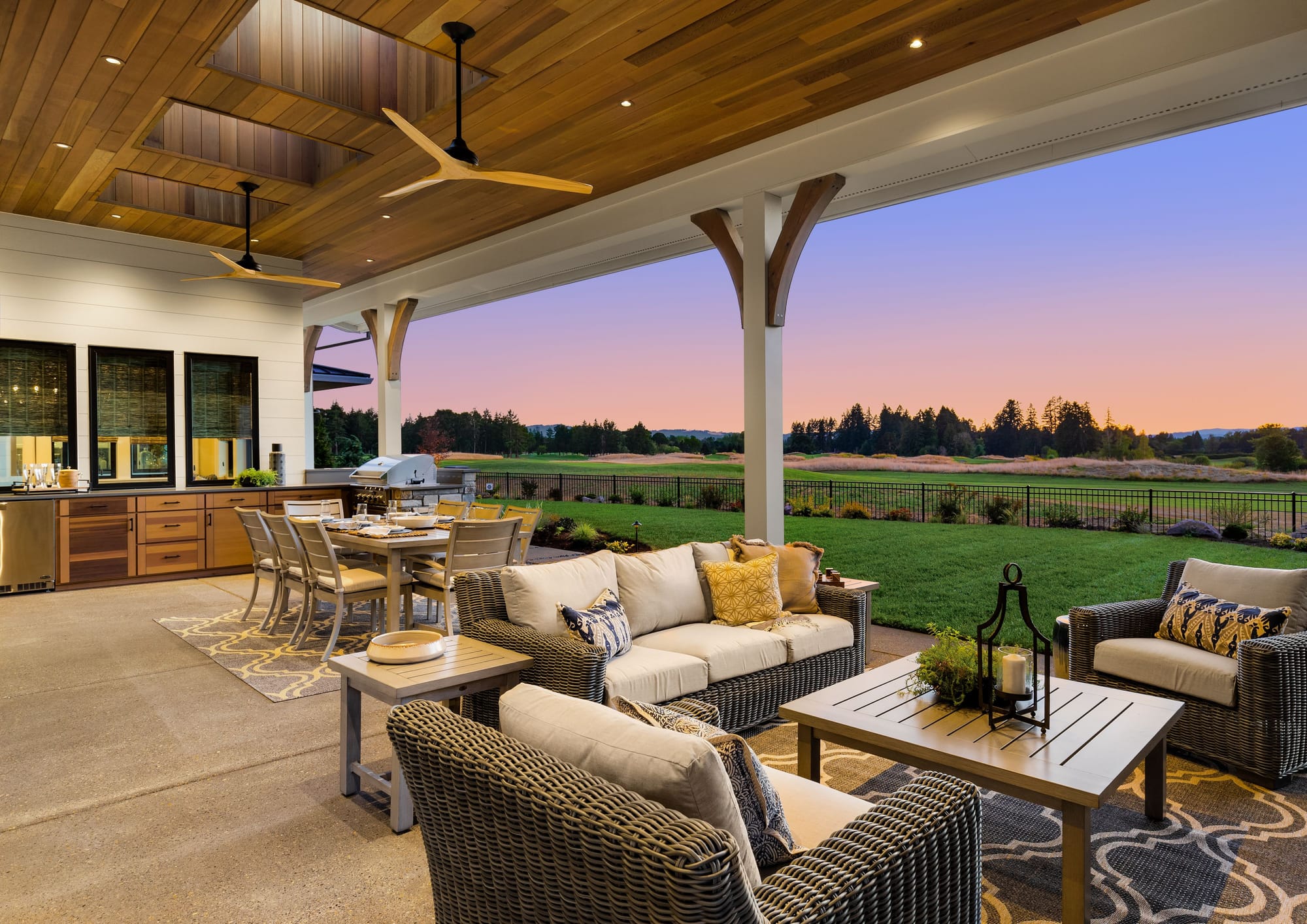 Covered outdoor living room with weather-rated lounge seating